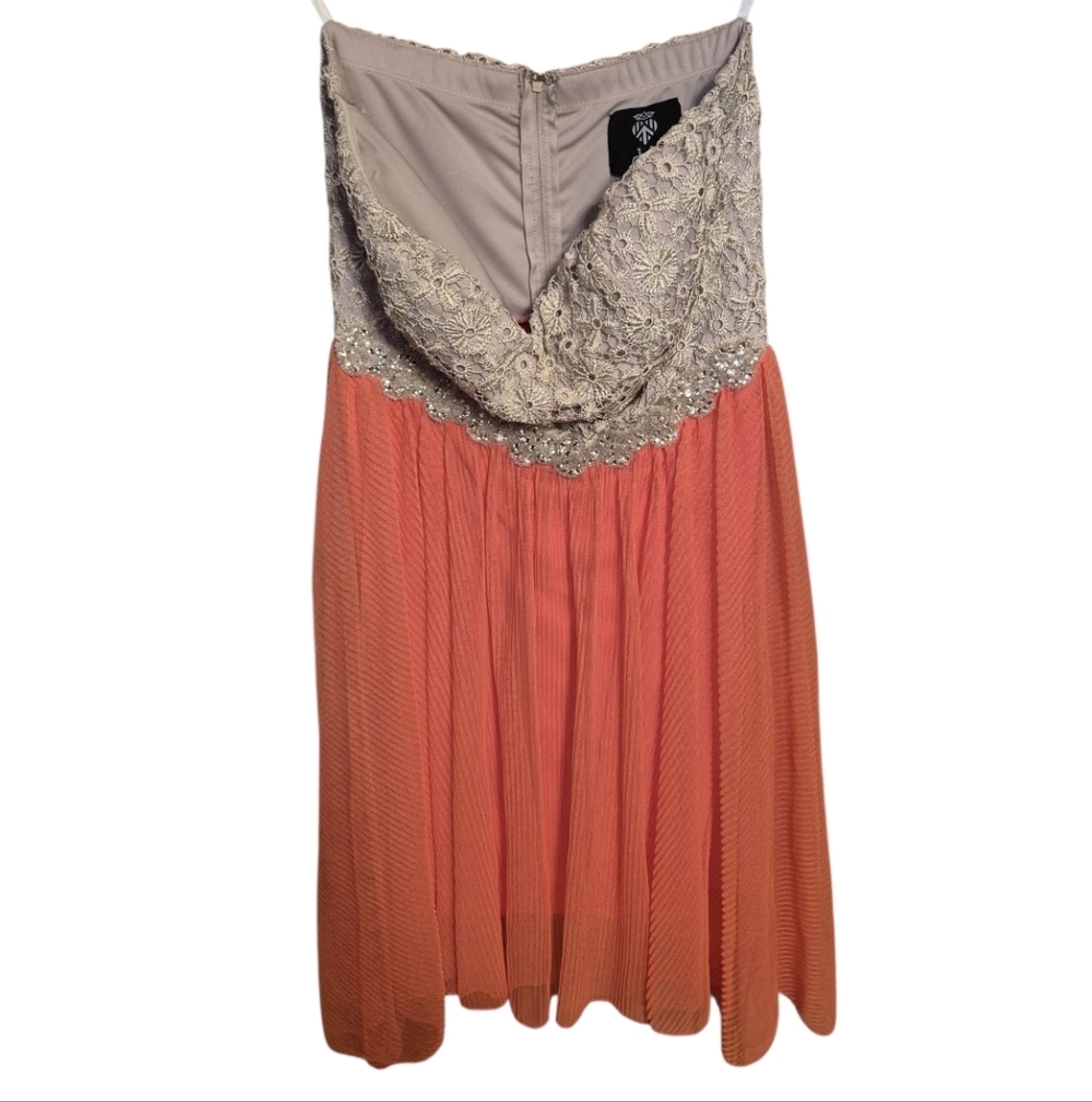 ❤️‍🔥 Deb Size 9 Jr Womens Gold Lace Strapless Coral Pink Dress